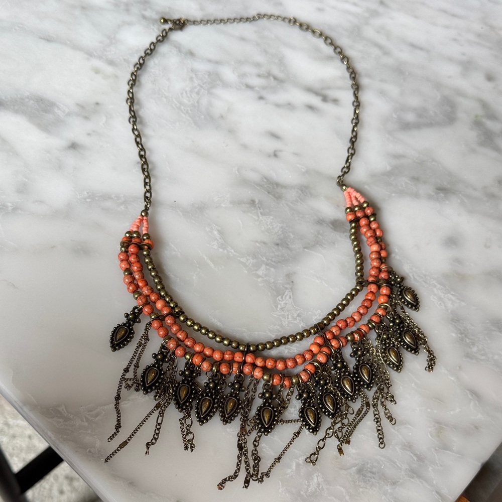 Elegant Coral and Bronze Beaded Necklace
